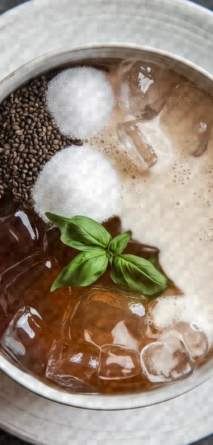 Ingredients photo for Grass Jelly With Basil Seeds Suong Sao Hat E Recipe