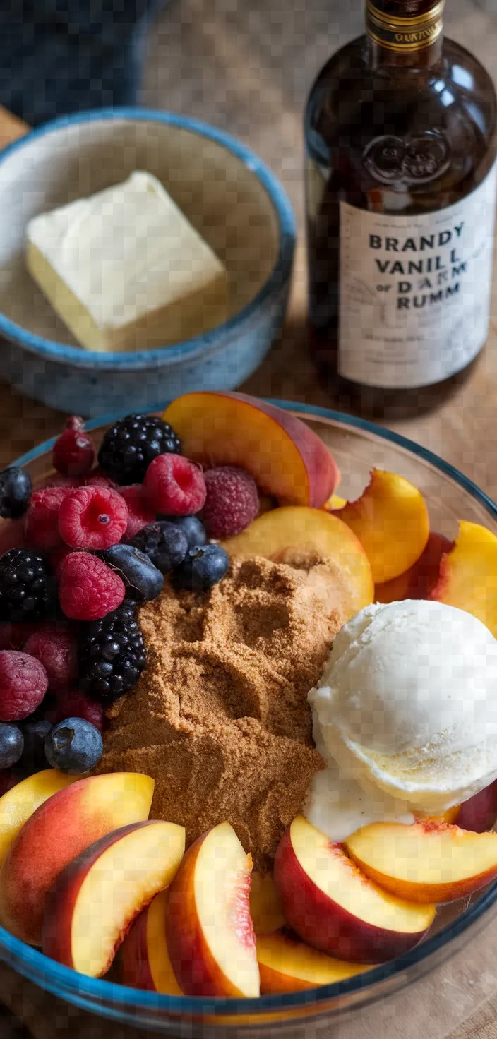 Ingredients photo for Peach And Berries Flambe Recipe