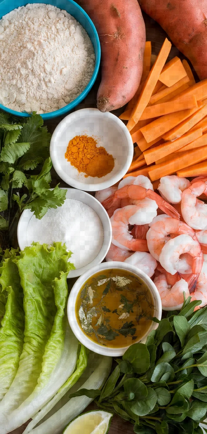 Ingredients photo for Vietnamese Shrimp And Sweet Potato Fritters Banh Tom Chien Khoai Lang Recipe