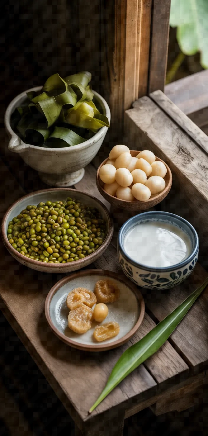 Ingredients photo for Vietnamese Refreshing Iced Drinkdessert With Seaweed Lotus Longan And Mung Bean Che Sam Bo Luong Recipe