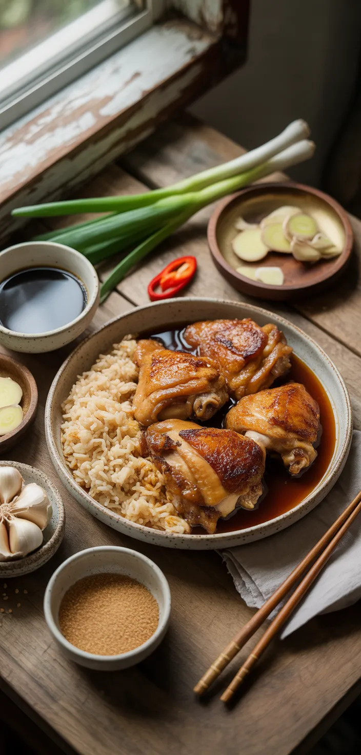 Ingredients photo for Caramelised Soy Chicken In Garlic Ginger Broth With Rice Recipe
